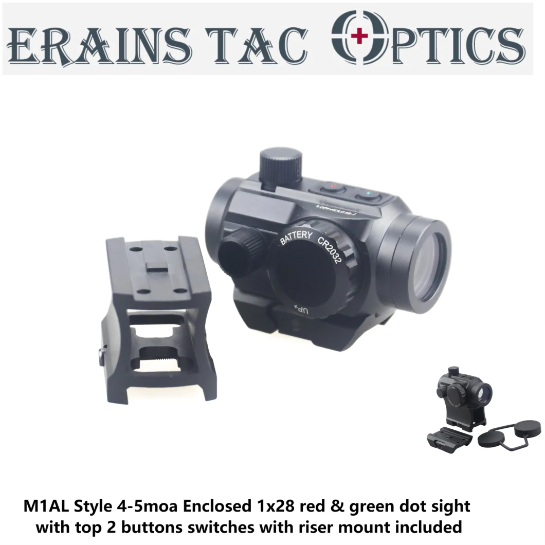Erains M1al Style 4-5moa Tactical Compact Scope Enclosed 1X28 Top Buttons Switches and Riser Mount Included Weapon Red and Green DOT Sight